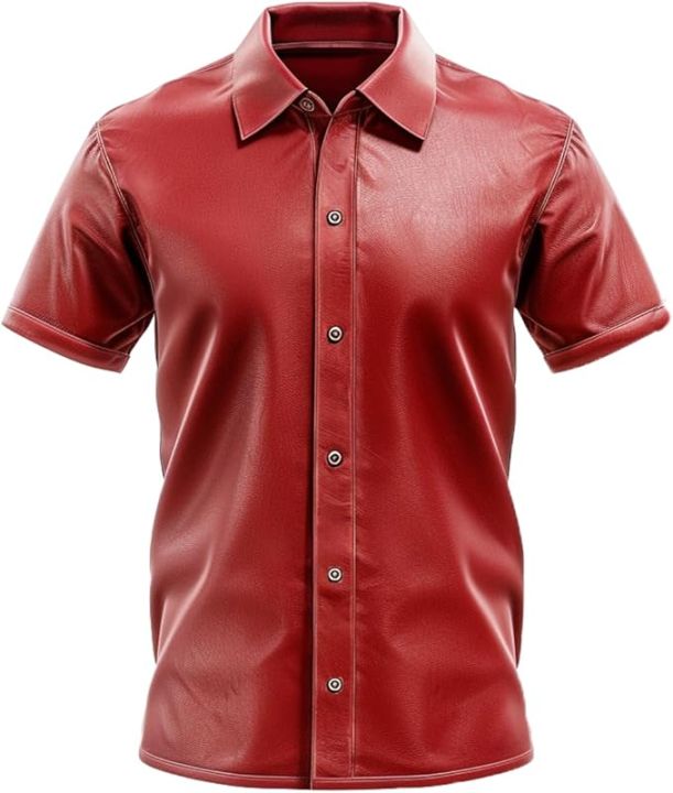 Genuine Lambskin Red Leather Shirt For Men - Real Leather Shirt - Half Sleeve Leather Shirt - Leather Jacket  Hayat Wax Style ZTC00082