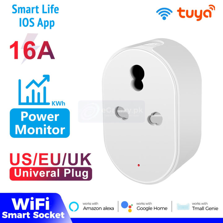 16A Smart WiFi Plug for AC, Geyser, Heaters, TVs, Fan Wifi Smart Plug With Power Monitoring Smart Life App, Alexa and Google Assistant, 16 ampere wifi plug, 3 pin round power plug