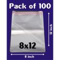Pack / Bundle of 100 (8 x 12 Inch) Clear Resealable Cloths or Anything Packing/ Poly Transparent Plastic Bags For Storage Self Adhesive Polythene Peel + Seal Bags For Packing / Celo Bag. 