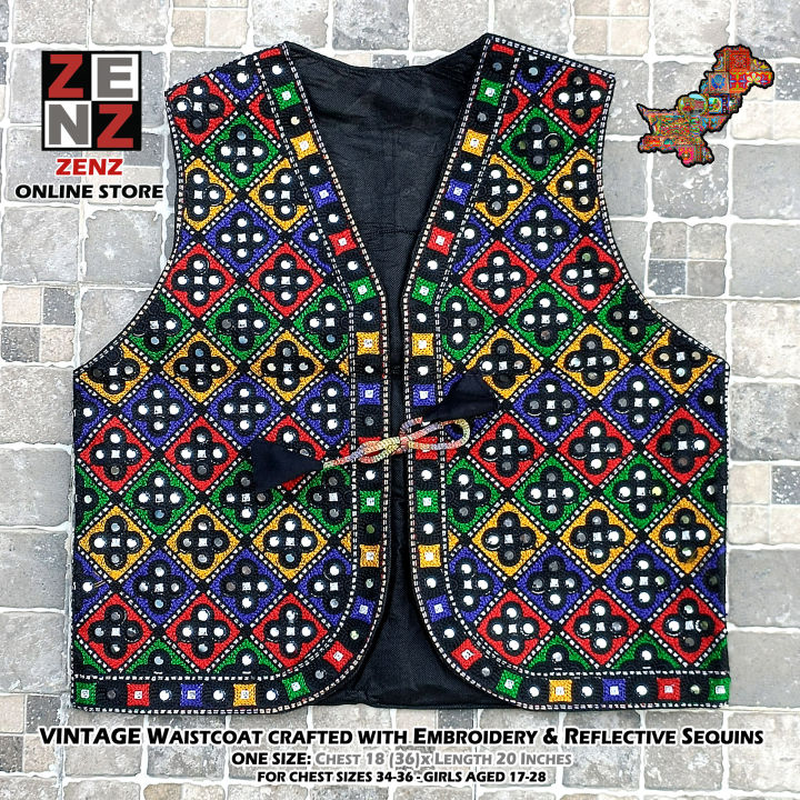 Pakistani Sindhi Balochi Kashmiri Traditional & Cultural Wear Waistcoat Koti Embroidered Zenz Multicoloured Embroidery for Girls & Women