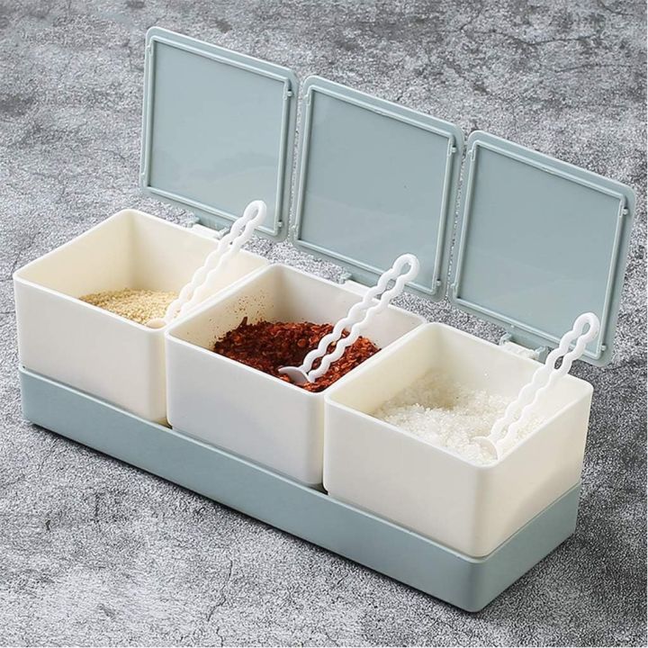 3 Grid Seasoning Jar Set Storage Container Kitchen Organizer, Spices Storage Box With Spoon