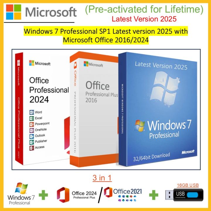 Windows 7 Professional SP1 Genuine 2025 Latest with Microsoft Office 2016/2024 (Pre-activated for Lifetime 32bit - 64bit) Multilingual + USB...(2 in 1)