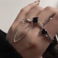 Vintage Black Crystal Heart Chain Ring for Women Simple Open Ring Finger Ring Cuff Set Punk Retro Female Jewelry Gift Accessories. 