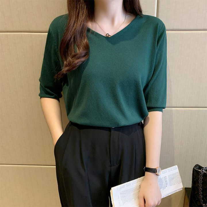 Women%20V%20Neck%20Blouse%20Casual%20Loose%20Half%20Sleeves%20Tops%20Fashion%20Solid%20Color%20Pullover%20Breathable%20T%20Shirt%20-%20Image%203