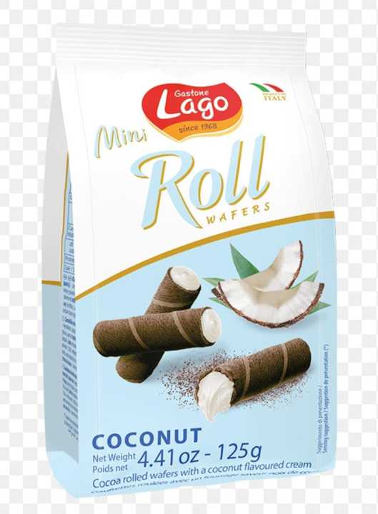Mini roll wafers by Lago , 4.41 oz ,125 gram bag of crispy flavoured wafers, flavours : nocciola, coconut, cacao
