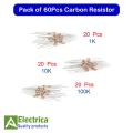 Pack of 60 Carbon Film Resistors – 1KΩ, 10KΩ, 100KΩ (20pcs Each) | 1/4W Resistor Set for Electronics & DIY Projects. 