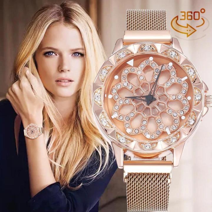 360 degree rotation Women Mesh Magnet Buckle Starry Sky Watch Luxury Fashion Ladies Geometric Quartz Watch waterproof 2019 Model Magnetic Strip College/Office Girls