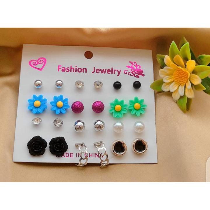 12 Pairs Stud Card Mixed Style Stud Earrings Set For Women Color Balls Love Flowers Earrings Women  Earrings Jewelry