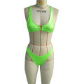 Women's V-neck Leather Special Metal Buckle Bikini Set  Solid Color High Cut Split Two Piece Bathing Suit. 