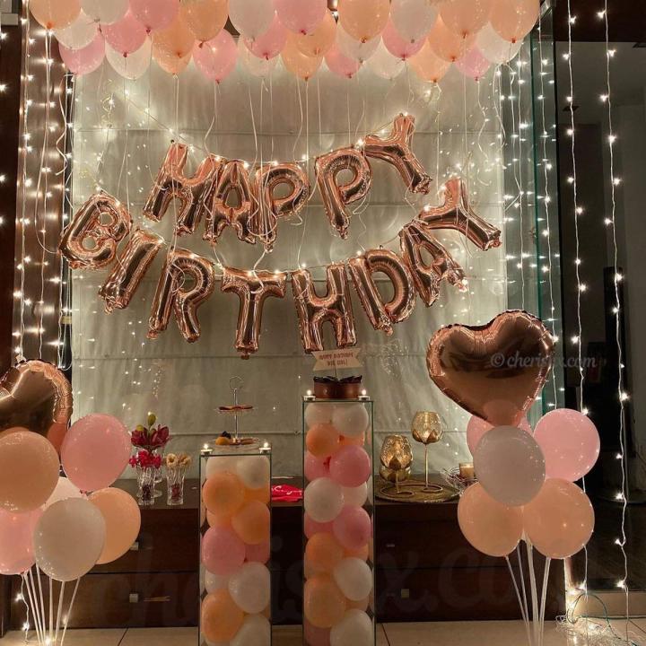Beautiful theme of Happy Birthday rose gold foil with combo of '30' PCs balloons ( white ,pink and rose gold)'1'fairy light and 2 rose gold heart for Birthday Decorations
