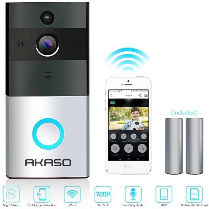 AKASO Video Doorbell, Smart Doorbell 720P HD WiFi Security Camera with 8G Memory Storage, Real-Time Two-Way Talk and Video, Night Vision, PIR Motion Detection and App Control for iOS and Android
