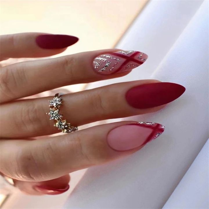 24Pcs/Set Red Almond Nail Tips Glitter Artificial Acrylic Long Press on Nails European Style Stick on Nails Wearing Nails