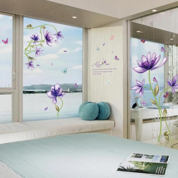Wall Sticker For Living Room Romantic Purple flower Wall Stickers For Home.