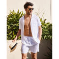 Yfashion Men Linen Shirt Shorts Set Summer Loose Casual Short Sleeve Lapel Cardigan Tops Shorts Suit color. 