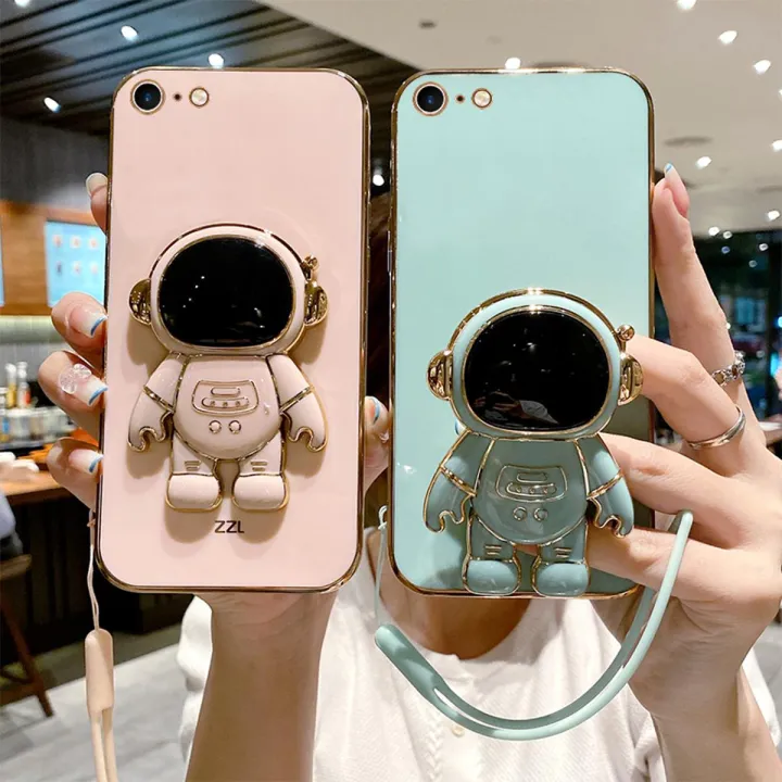 COROGI%20for%20iPhone%206s%20/%20iPhone%206%20Back%20Cover%20Cartoon%20Astronaut%20Folding%20Stand%20Stylish%206D%20Plating%20Square%20Bumper%20Case%20with%20Lanyard%20Soft%20Silicone%20Phone%20Cases%20Covers%20Pouch%20for%20Girls%20Boys%20-%20Image%202