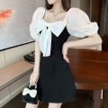 Women  Dress Black White Contrast Color Bubble Sleeve Bow ie Square Neck Little Black Dress color. 