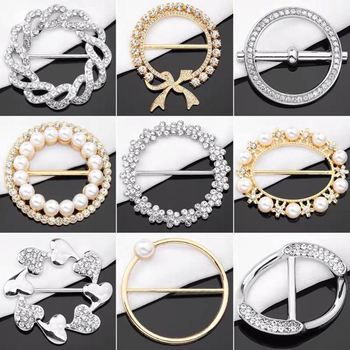 【HOT】 Luxury Crystal Pearl Circle Round Brooches Clothing Corner Hem Waist Buckles Scarf Buckle For T-Shirt Party Jewelry Accessories