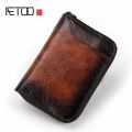 Vegetable Tanned Leather Vintage Mens Wallets Money ID Credit Card Case Small Man Vertical Zipper Coin Purse Card Holder Wallet. 
