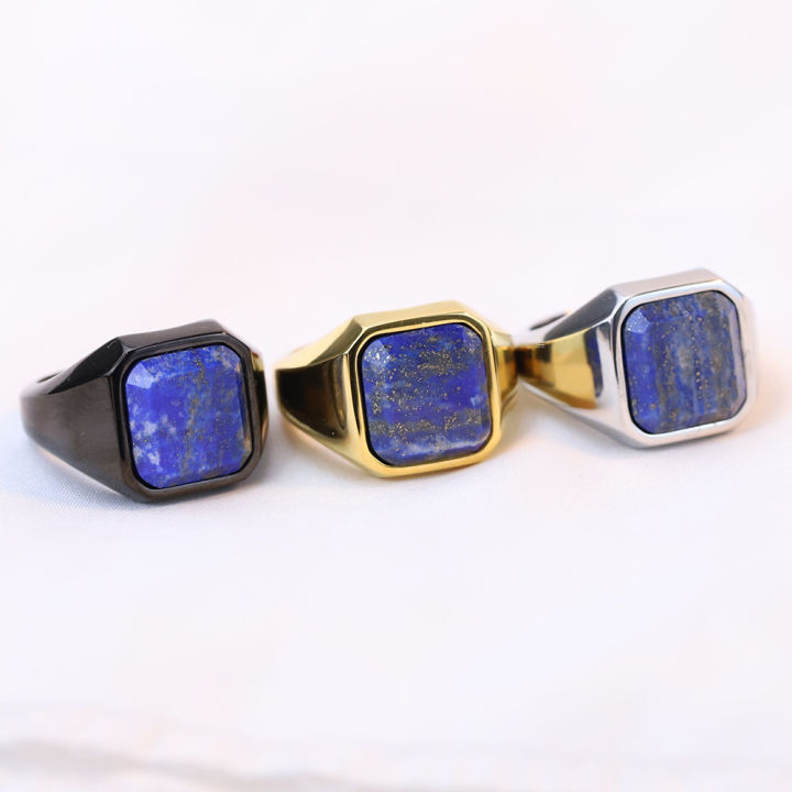 2024 Chinese cultural jewelry custom logo lapis lazuli blue stone 18k gold plated stainless steel engagement rings for men