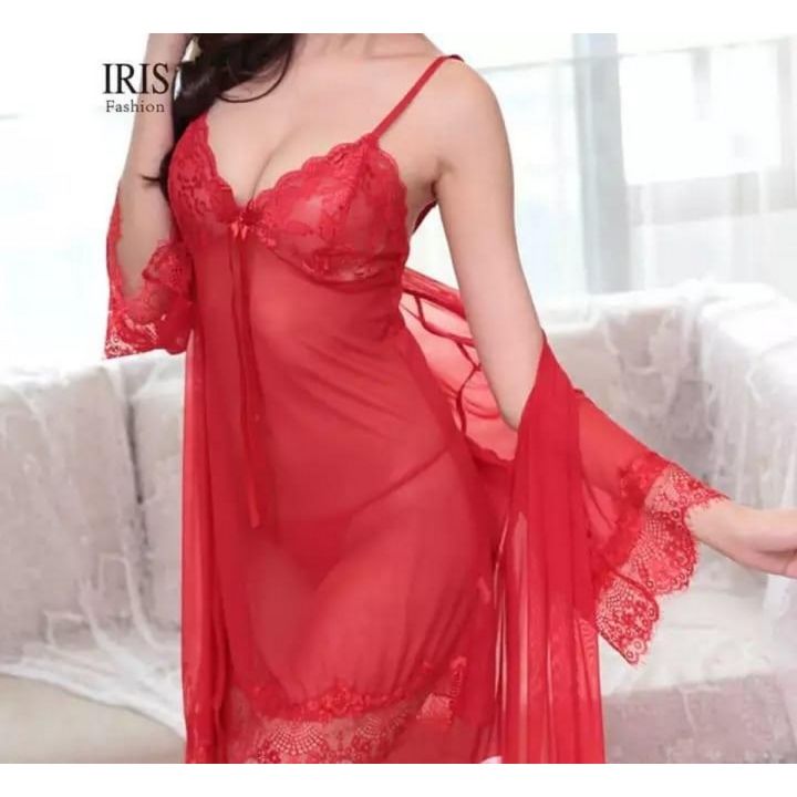 Ladies Sexy Nighty 3Pcs Nightdress / Sleepwear - Sexy Short Nighty With Gown - Red