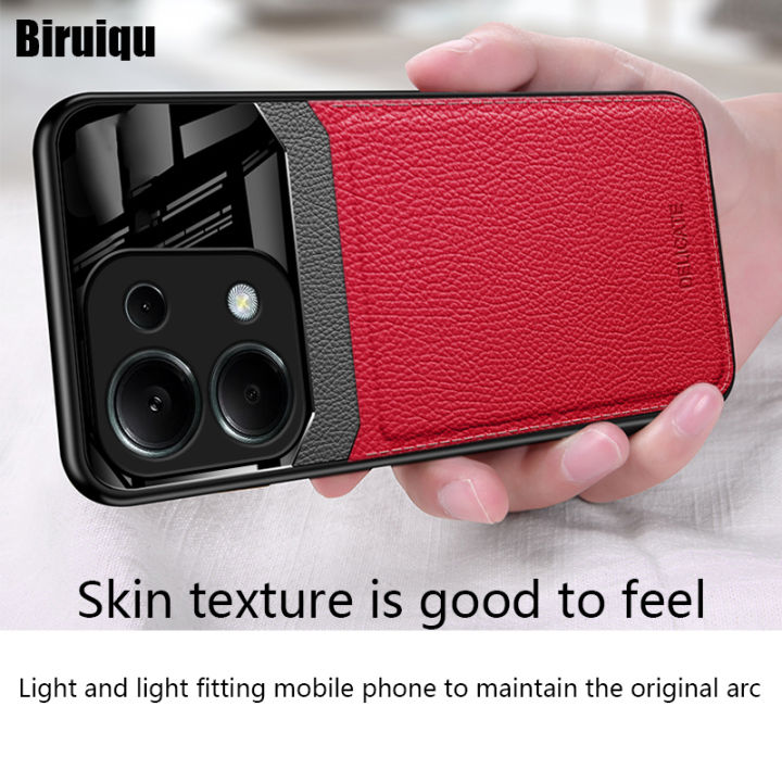Biruiqu For Redmi Note 13 Pro 4G Hybrid Soft TPU Leather Tempered Glass Shockproof Case Cover