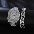 1pc Men Rhinestone Decor Square Pointer Quartz Watch & 1pc Bracelet. 
