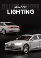 1/24 Audi A8 Diecast Alloy Metal Toy Car Miniature Vehicle Model Pull Back Sound & Light Doors Openable Collection Gift For Boys Kids. 