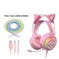 RGB LED pink cute wired cat ear girl gamer PC gaming over ear headphones 7.1 USB surround heavy bass gaming headset noise reduction headsets HiFi stereo headphone gaming pink with microphone mic for online class courses gaming live streaming broadcast. 