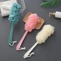 Decor Rack Bath Sponge with Handle, Shower Loofah Brush, Back Cleaning Scrubber, 8” Long Curved Handle, Exfoliate, Rejuvenate Skin, Body Bathing Sponge with Long Mesh Pouf. 
