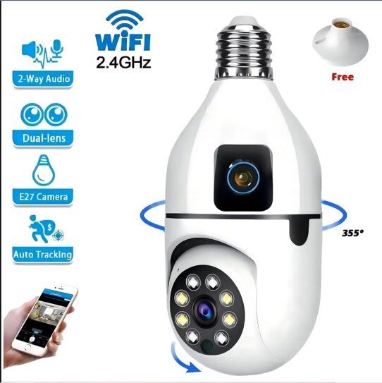 Dual Lens Bulb CCTV Camera 4+4MP WiFi | 360° Smart Home Security Camera ...