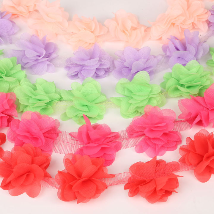 2Yards/lot Multi Colors Width 5cm 3D Chiffon Cluster Flowers Lace Dress Decoration Lace Fabric Applique Trimming Sewing Supplies