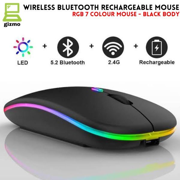 RGB Wireless Mouse - Slim & Silent 7 Colour LED Lights - Black & Transparent Body - Dual Mode 2.4G & Bluetooth Rechargeable Portable Optical Office Mouse With USB Receiver - 3 Adjustable DPI Levels for Notebook, PC, Computer, MacBook