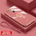 For OPPO A11k Back Cover with Ring Holder Stand + Wrist Strap Shiny Plating Square Bumper Protective Case Soft Silicone Shockproof Mobile Phone Cases. 