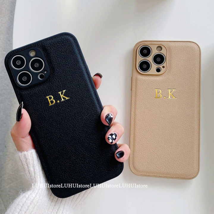 Korea Personalise Name Letters Leather PU Soft Phone Case For iPhone 13 12 11 Pro X XS Max XR 7 8 Plus Luxury Plain Back Cover