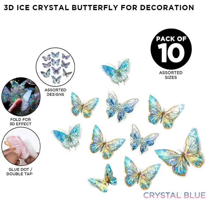3D Ice Crystal PVC Holographic Butterfly for Decor, Assorted Color 10 ...