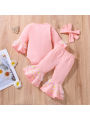 Baby Girls Autumn Outfit Sets Pink Long Sleeve O Neck Romper + Daisy Print Flared Pants + Headband. 