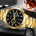 【BestGO】Fashion Sun Moon Star Diamond Men's Steel Band Watch Three Eyes Calendar Quartz Watch Men's. 