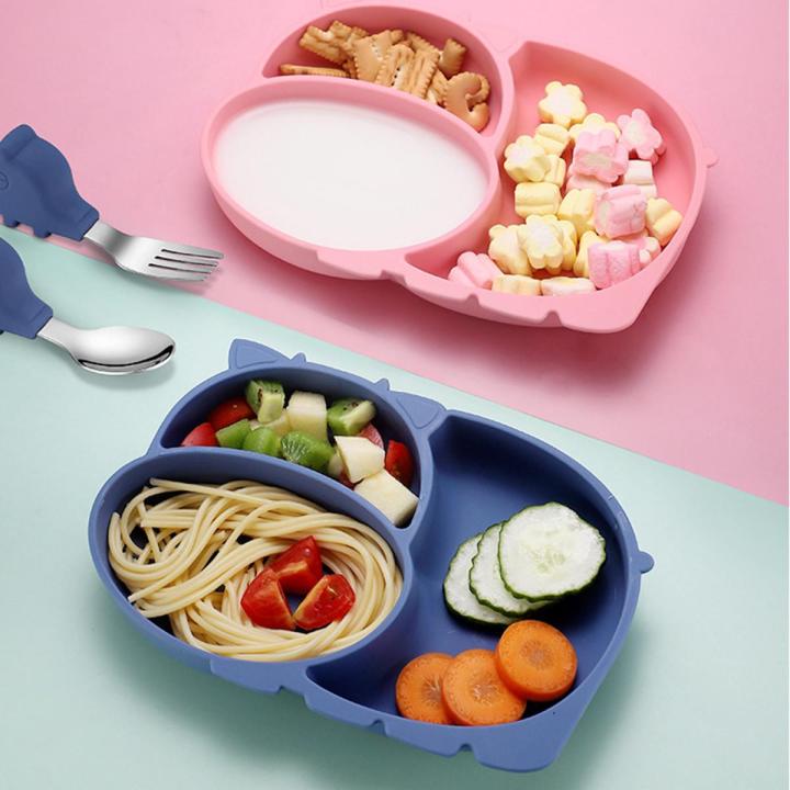 【Happier】 Baby Silicone Dinner Plate Children's Tableware Infant Bowl Eating Training Fork and Spoon Set