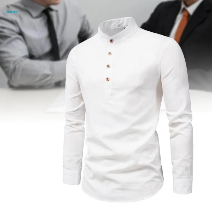 Men's%20Long%20Sleeve%20Shirt%20Beach%20Solid%20Color%20Soft%20Comfortable%20Band%20Collar%20Shirt%20XL%20White%20-%20Image%203