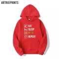 Trendy EAT SLEEP REPEAT LOGO TAGLINE Tag Print Full sleeves Kangaroo Hoodie Pocket Drawstring Casual Pullover Hodie Clothing Long Sleeves Export Quality Huddie Winter Wear Smart Fit Hoody For Men Boys. 