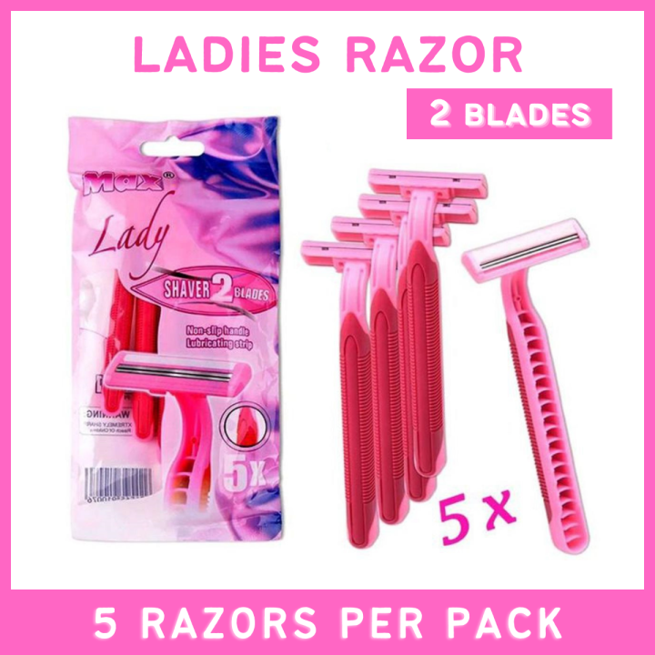 Ladies Women's Girls Shaver Trimmer Razor | (5 Pcs Pack) MAX Lady Razor - (2 Blades) Pink | Disposable Body Shaving Trimming | Hair Remover Tool | Ladies Razer | Shave Body Razor for Women Female | Makeup Tweezers | Health Beauty Hair Removal Accessories