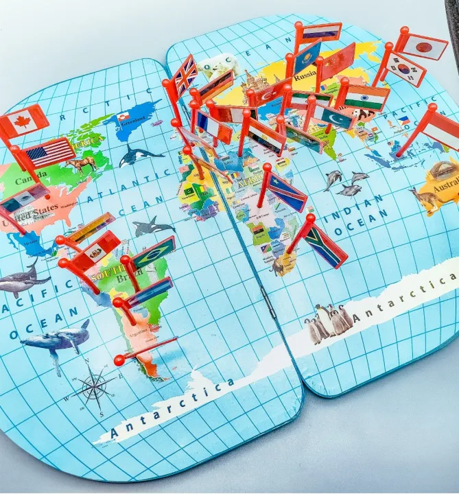 Odeez New Wooden World Map Learning Toy with 30 Country Flags for Kids ...