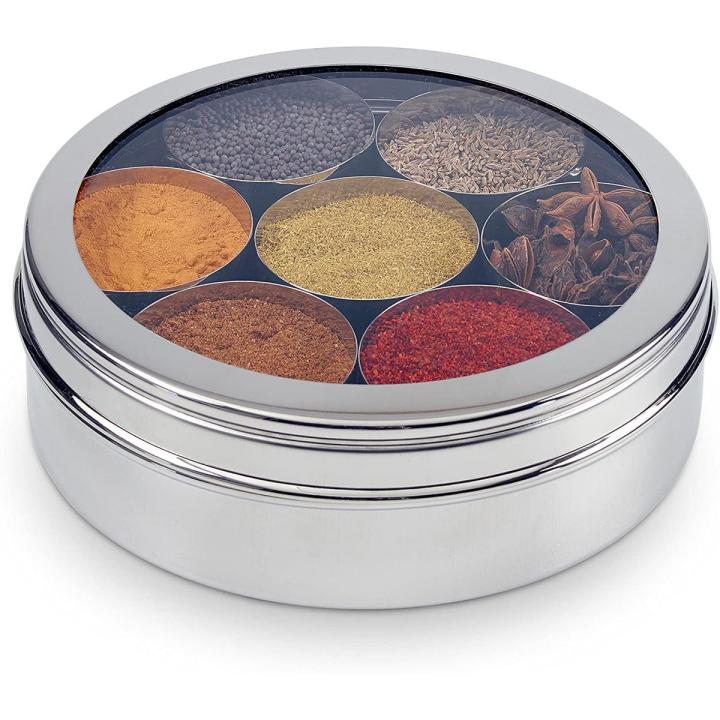 Indian masala box Stainless steel spice box with 7 spice containers with see through lid masala box spice box steel in Pakistan