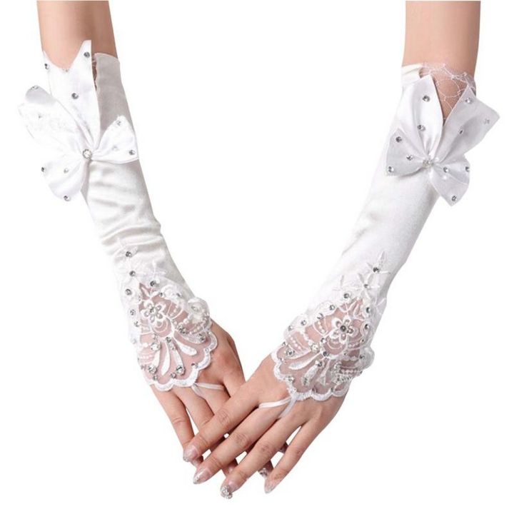 White Finger Bow Pearls Bridal Gloves Bridal Formal Wedding Gloves