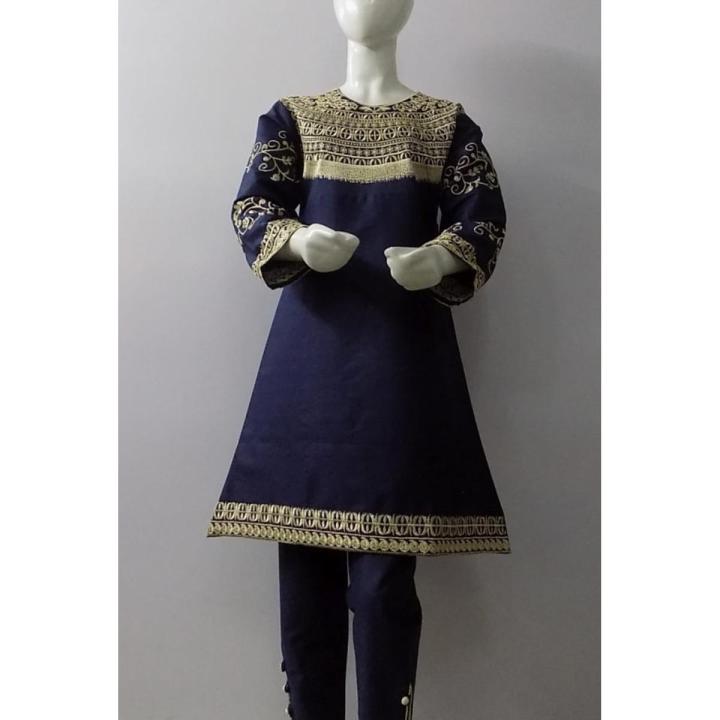 For Girls Between 6-13 Years High Quality Jacquard (Jagar) 2- Piece Embroidered  Dress In Denium Blue Colour- SubRung Best Rated Shop | Daraz.pk