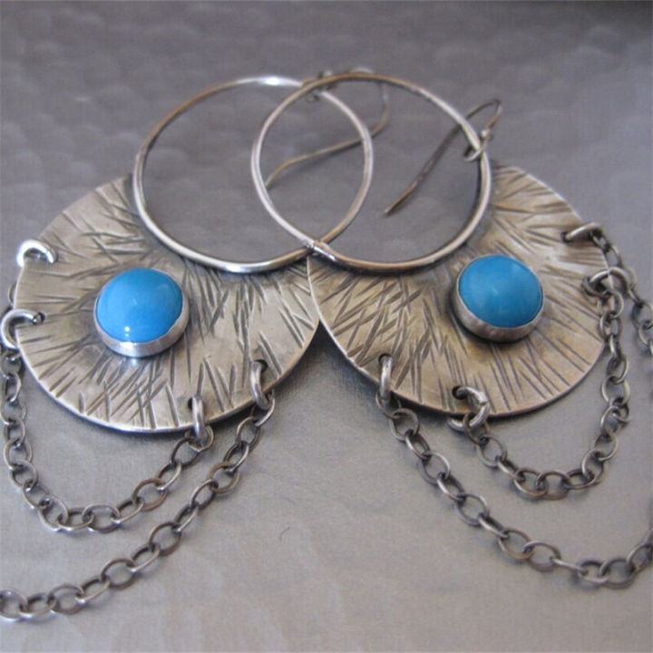 Vintage Moon Blue Stone for Women Sier Color Dangle Earrings Jewelry