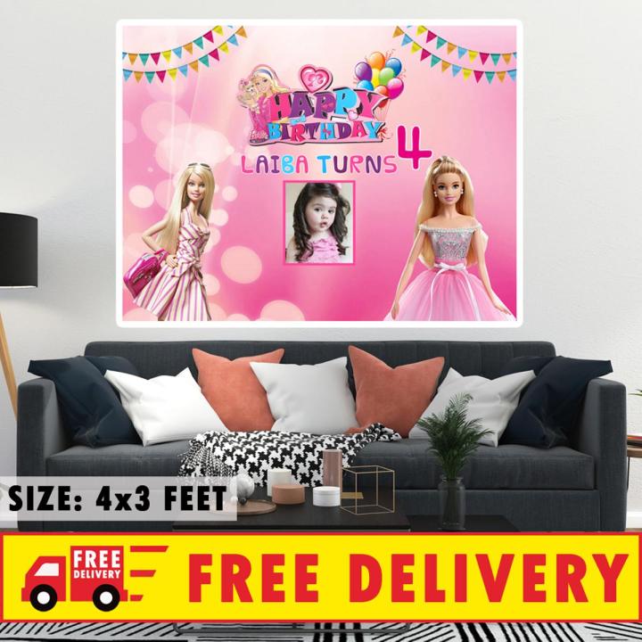 Happy Birthday Party Backdrop Girls Pink Theme Printed On Panaflex