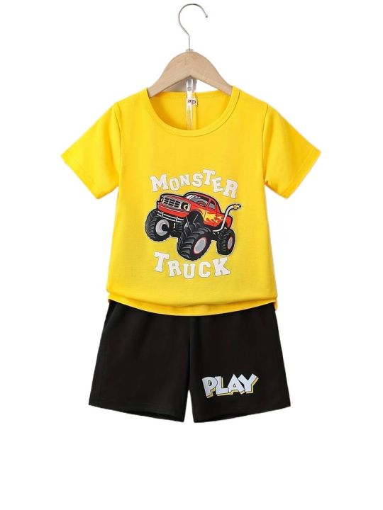 Real Boss By Rich Man 2pcs Boys Casual Monster Truck Graphic Print Short Sleeve T-shirt & Shorts Set, Comfy Summer Boys Clothes - Tshirts For Boys / Tshirts For Girls