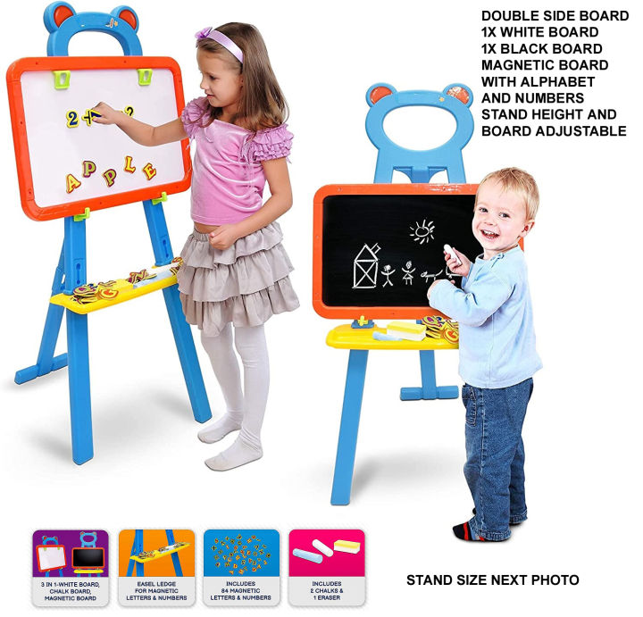 3in1 Learning Easel Double Sided Black And White Drawing Board Magnetic Board and Chalkboard Art Activity Drawing for Artist with Learning Magnetic Alphabet And Numbers Chalk and Eraser