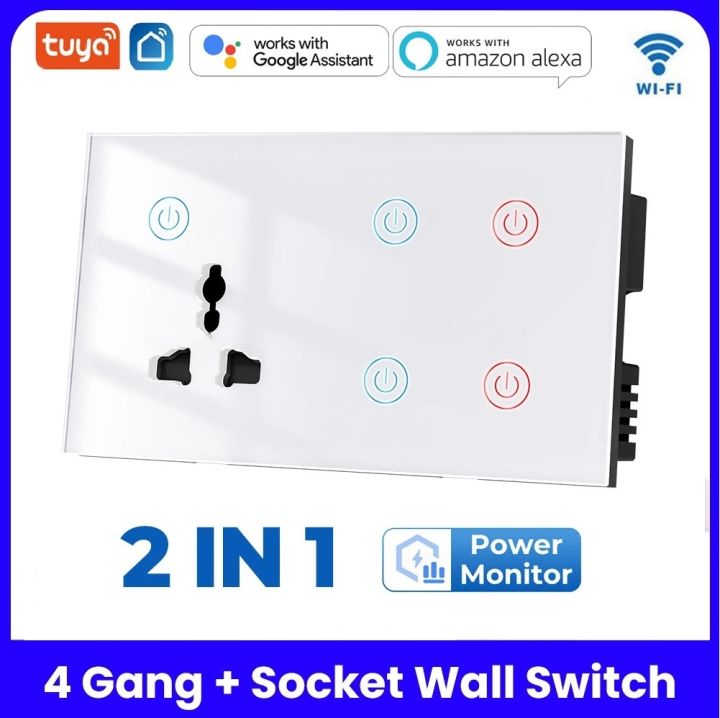 Tuya Smart WiFi Smart 4 Gang + Socekt Touch Wall Switch with Power Socket | 4 Gang 2-in-1 | Alexa & Google Assistant | Smart Home Automation | Touch Control Light & socket